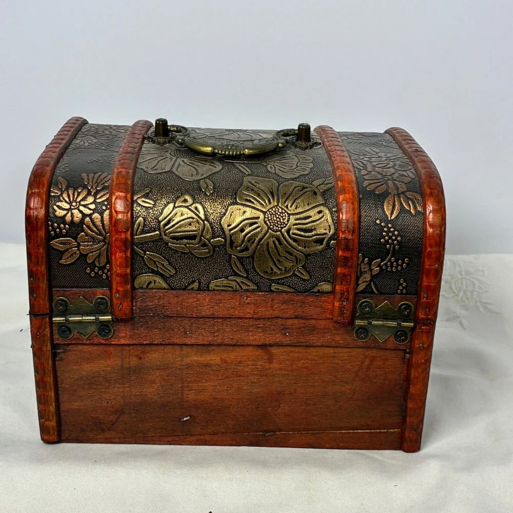 Treasure Chest Floral Embossed Wood Trunk Trinket Keepsake Box Rustic Cottage